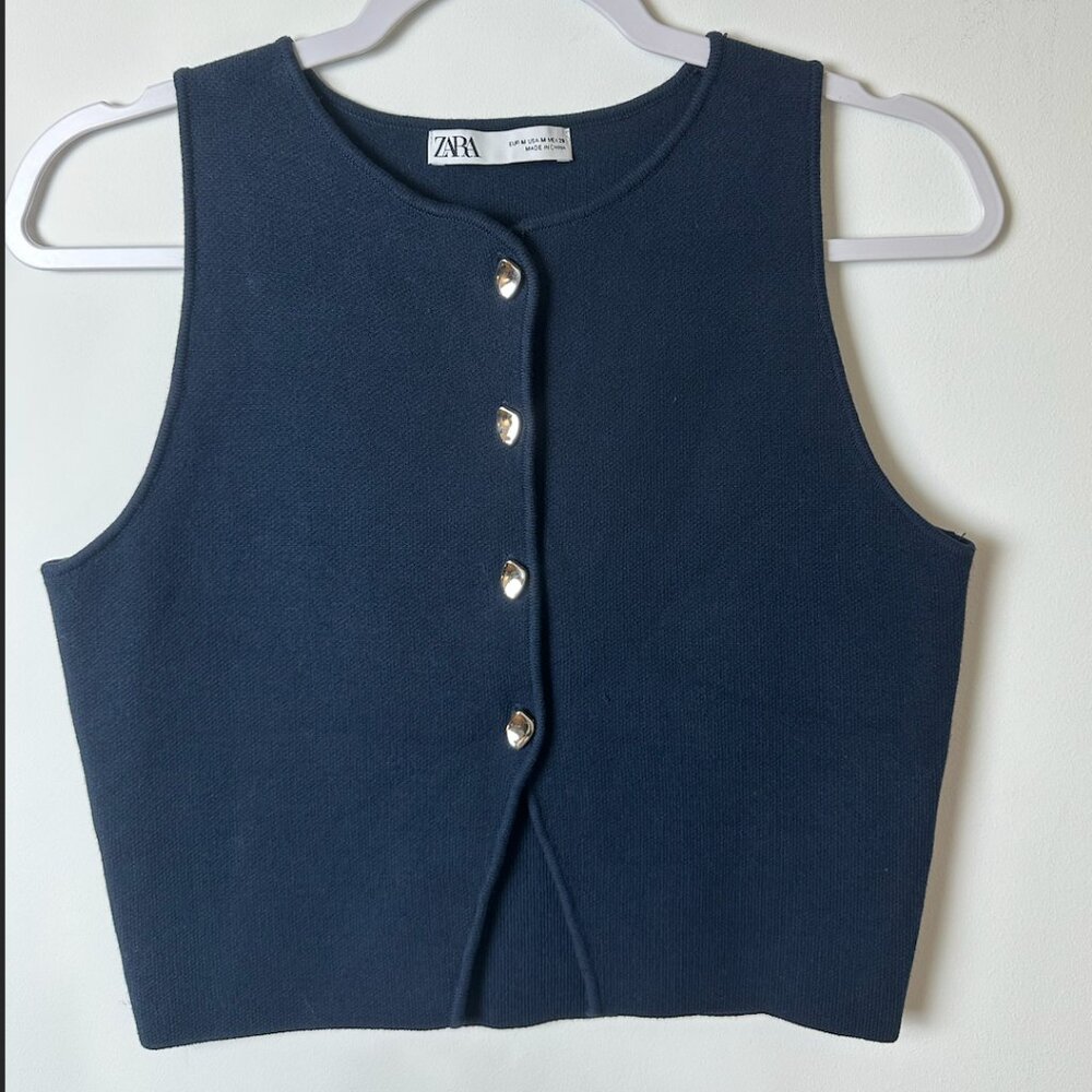 Zara Navy Buttoned Cropped Knit Vest with Silver Buttons - Size M